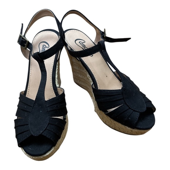 Candie's Shoes - Candie's Black Wedge Sandals with Ankle Strap